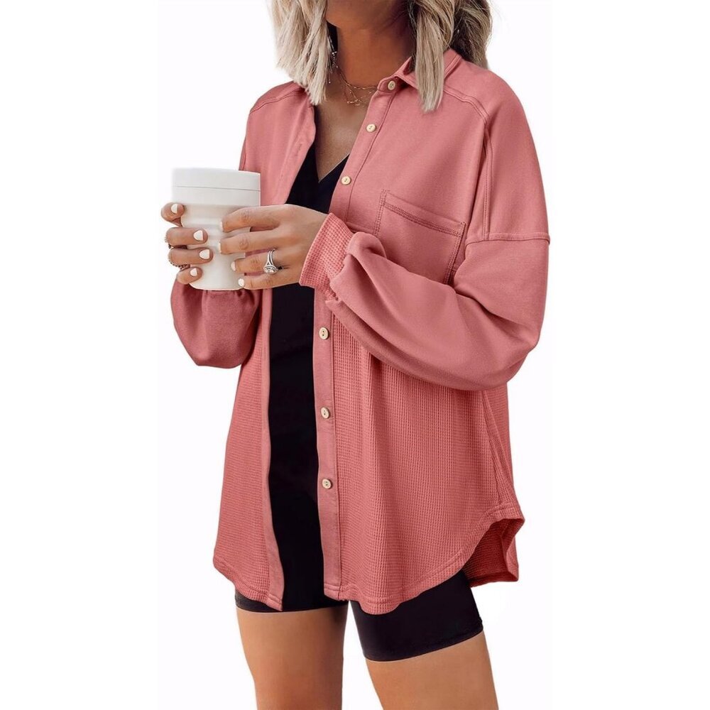 Women's Knit Loose Long Sleeve Mineral Red Fashion Button Down Shirt Jacket Tops